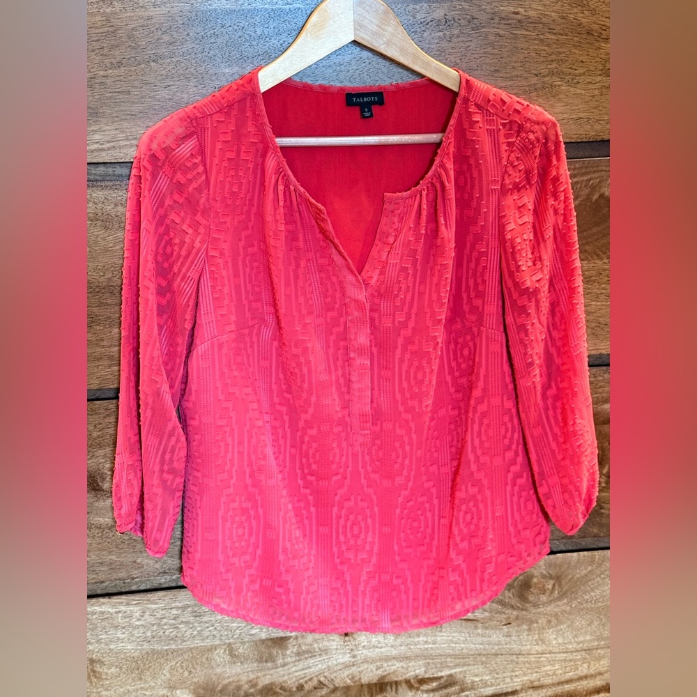 TALBOTS Womens Top Lined Pullover Burnout Fabric 3/4 Sleeve Orange Red Coral